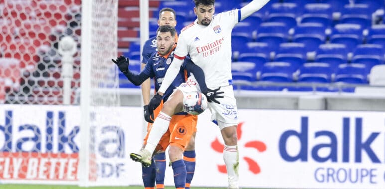Tehi Savanier (MHSC) vs Lucas Paqueta (OL) FOOTBALL : LYON vs MHSC - Ligue 1 Uber Eats - 13/02/2021 JBAutissier/Panorami | AllezPaillade.com