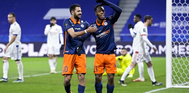 joie des joueurs du MHSC apres le but de Elye Wahi (MHSC) FOOTBALL : LYON vs MHSC - Ligue 1 Uber Eats - 13/02/2021 JBAut | AllezPaillade.com