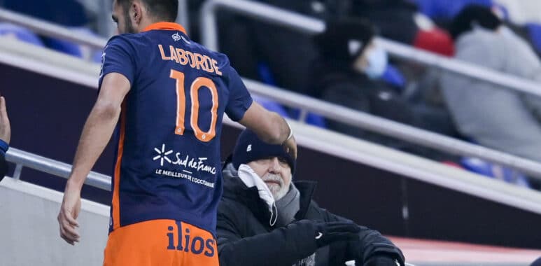 Gaetan Laborde (MHSC) et Laurent Nicollin - President (MHSC) FOOTBALL : LYON vs MHSC - Ligue 1 Uber Eats - 13/02/2021 JB | AllezPaillade.com