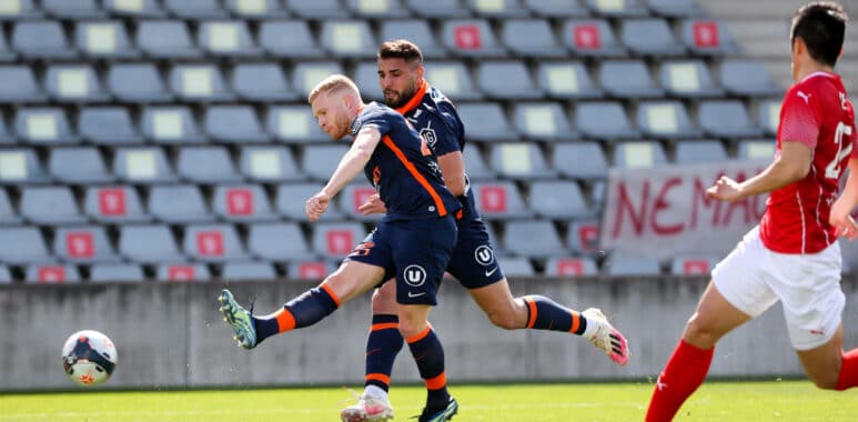 09 ANDY DELORT (MHSC) - 25 FLORENT MOLLET (MHSC) FOOTBALL : Nimes vs Montpellier - Ligue 1 Uber Eats - 14/03/2021 FEP/Pa | AllezPaillade.com