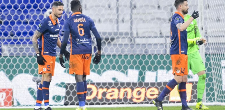 joie des joueurs du MHSC en fin de match Pedro Mendes (MHSC) /. Junior Sambia (MHSC) / Damien Le Tallec (MHSC) FOOTBALL | AllezPaillade.com