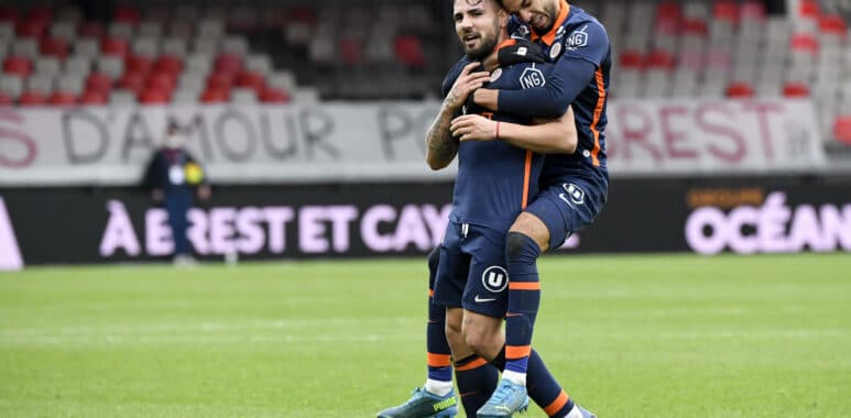 JOIE - FAIR PLAY - 09 ANDY DELORT (MHSC) - 05 PEDRO MENDES (MHSC) FOOTBALL : Brest vs Montpellier - Ligue 1 Uber Eats - | AllezPaillade.com