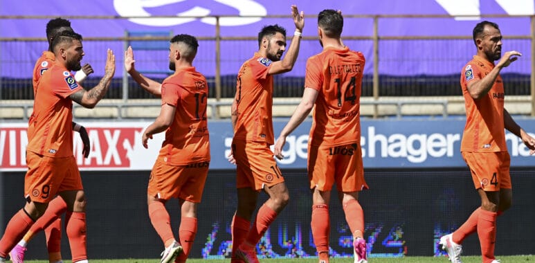 joie des joueurs du MHSC apres le but de Gaetan Laborde (MHSC) FOOTBALL : RC Strastourg vs MHSC - Ligue 1 Uber Eats - 09 | AllezPaillade.com