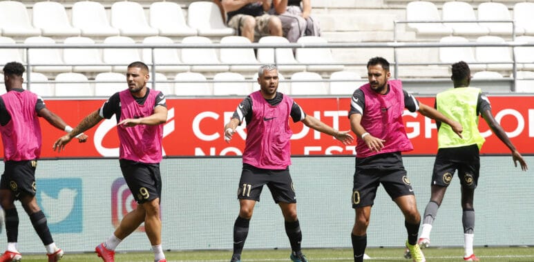 Andy Delort (MHSC) - Teji Savanier (MHSC) - Gaetan Laborde (MHSC) FOOTBALL : Reims Vs Montpellier - Ligue 1 - 15/08/2021 | AllezPaillade.com