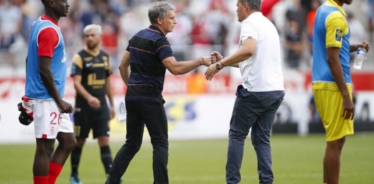 Olivier Dall Oglio (MHSC) - Oscar Garcia (Reims) FOOTBALL : Reims Vs Montpellier - Ligue 1 - 15/08/2021 MichaelBaucher/P | AllezPaillade.com