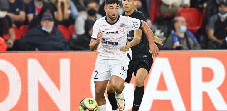 Jordan Ferri (MHSC) vs Achraf Hakimi (PSG) FOOTBALL : PSG vs MHSC - Ligue 1 Uber Eats - 25/09/2021 JBAutissier/Panoramic | AllezPaillade.com