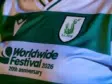 Close-up of a green and white striped soccer jersey with the sponsor text 'Worldwide Festival 2026, 20th anniversary' and a crest on the chest.