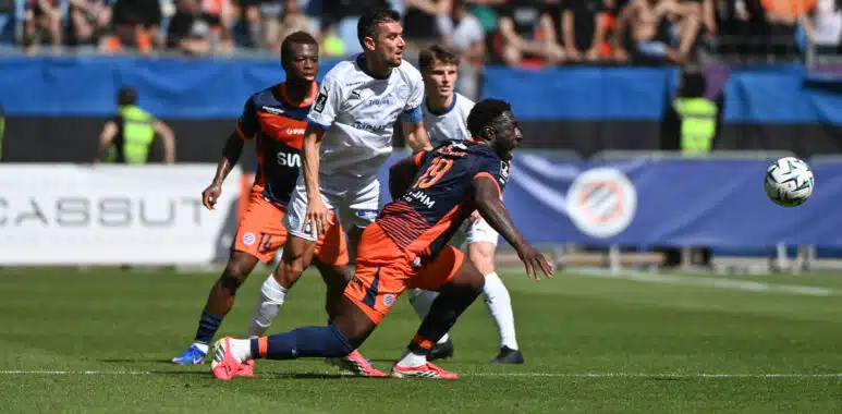 Soccer players from two teams chase the ball during a daytime match on a green field with a cheering crowd in the stands behind them.