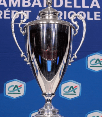 Shiny silver trophy on a blue backdrop adorned with Cr&eacute;dit Agricole logos