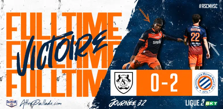 Banner announcing full-time victory: score 0-2 with team crests on an orange band and players in orange and navy kits.