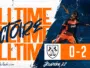 Banner announcing full-time victory: score 0-2 with team crests on an orange band and players in orange and navy kits.