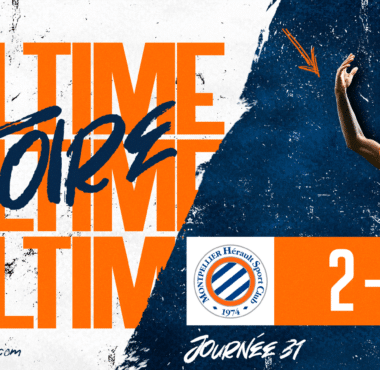 Match result banner: Grenoble Foot 38 2&ndash;1 Montpellier H&eacute;rault SC, celebrating with a player image and 'Journ&eacute;e 31' label.