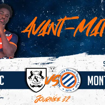 Promotional banner for French football match: Amiens SC vs Montpellier HSC on Ven 24 Avr at 20:00, Stade de la Licorne.