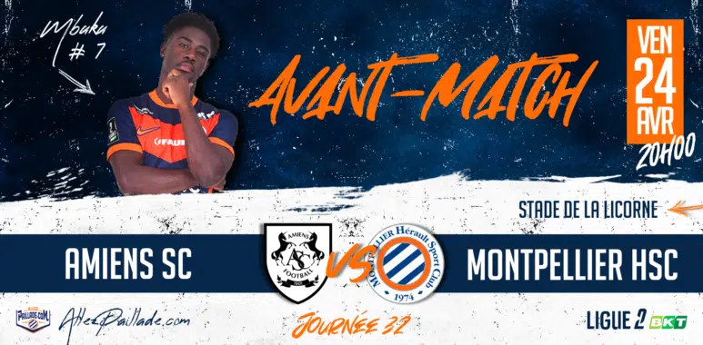 Promotional banner for French football match: Amiens SC vs Montpellier HSC on Ven 24 Avr at 20:00, Stade de la Licorne.