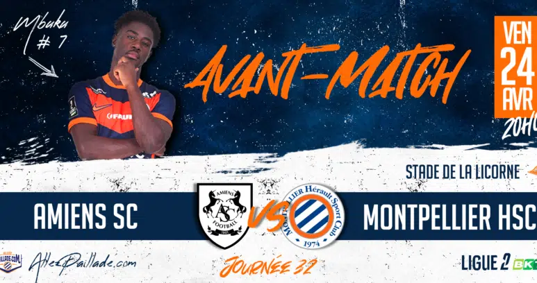 Promotional banner for French football match: Amiens SC vs Montpellier HSC on Ven 24 Avr at 20:00, Stade de la Licorne.