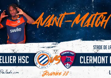 Football banner advertising Montpellier HSC vs Clermont Foot 63, featuring a player on the left and orange 'AINT-MATCH' text across a dark blue background.