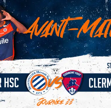 Football banner advertising Montpellier HSC vs Clermont Foot 63, featuring a player on the left and orange 'AINT-MATCH' text across a dark blue background.