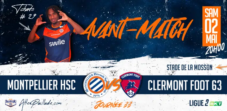 Football banner advertising Montpellier HSC vs Clermont Foot 63, featuring a player on the left and orange 'AINT-MATCH' text across a dark blue background.