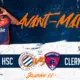 Football banner advertising Montpellier HSC vs Clermont Foot 63, featuring a player on the left and orange 'AINT-MATCH' text across a dark blue background.