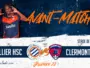 Football banner advertising Montpellier HSC vs Clermont Foot 63, featuring a player on the left and orange 'AINT-MATCH' text across a dark blue background.