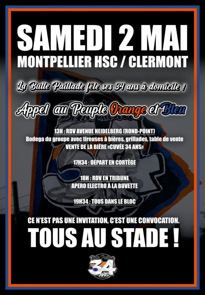 Affiche promotionnelle pour le 34e anniversaire de La Butte Paillade, Montpellier, avec texte et logo.