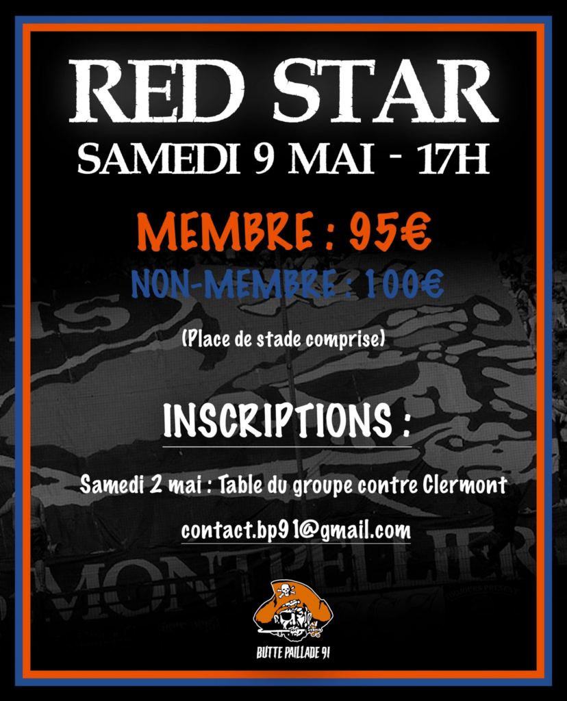 Poster promoting an event called 'Red Star' with a blue/orange frame; white large 'RED STAR' title, date and time, orange 'MEMBRE: 95&euro;' and blue 'NON-MEMBRE: 100&euro;' pricing, and 'INSCRIPTIONS' section visible.