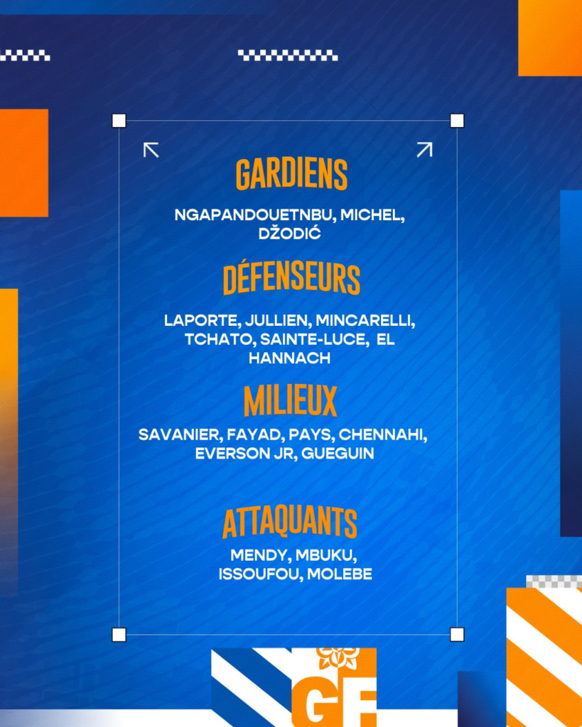 Blue gradient poster listing players by position: Gardiens, D&eacute;fenseurs, Milieux, Attaquants (names shown under each heading).