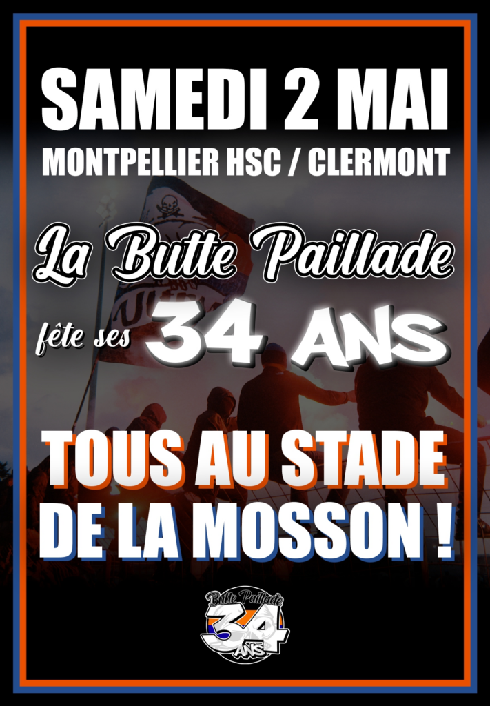 Affiche annon&ccedil;ant le 2 mai &agrave; Montpellier pour La Bulle Paillade et l&rsquo;anniversaire des 34 ans, rendez‑vous au stade de la Mosson.