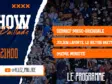 Poster for a sports talk show with torn-paper edges, dark blue left panel, crowd photo background, and orange banners listing topics and time: Debrief MHSC-Grenoble; Julien Laporte, le Hilton Breton?; 94e Minute; 21 AVR 21H00.