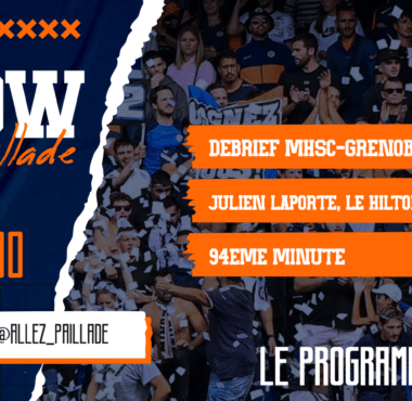 Poster for a sports talk show with torn-paper edges, dark blue left panel, crowd photo background, and orange banners listing topics and time: Debrief MHSC-Grenoble; Julien Laporte, le Hilton Breton?; 94e Minute; 21 AVR 21H00.