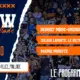 Poster for a sports talk show with torn-paper edges, dark blue left panel, crowd photo background, and orange banners listing topics and time: Debrief MHSC-Grenoble; Julien Laporte, le Hilton Breton?; 94e Minute; 21 AVR 21H00.