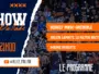 Poster for a sports talk show with torn-paper edges, dark blue left panel, crowd photo background, and orange banners listing topics and time: Debrief MHSC-Grenoble; Julien Laporte, le Hilton Breton?; 94e Minute; 21 AVR 21H00.