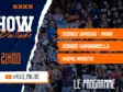 Poster announcing a show: large 'SHOW' title, orange 'ALLEZ PAILLIADE' script, date '28 AVR 21H00' on a dark blue background with torn-paper edge and a crowd photo; orange stripes list 'DEBRIEF AMIENS &ndash; MHSC', 'DEBRIEF GAMBARDELLA', '94EME MINUTE'.