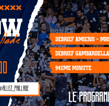 Poster announcing a show: large 'SHOW' title, orange 'ALLEZ PAILLIADE' script, date '28 AVR 21H00' on a dark blue background with torn-paper edge and a crowd photo; orange stripes list 'DEBRIEF AMIENS &ndash; MHSC', 'DEBRIEF GAMBARDELLA', '94EME MINUTE'.