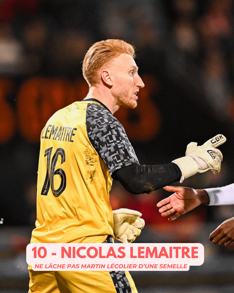 Side view of a soccer goalkeeper in a yellow jersey labeled LEMAITRE #16, reaching to high-five a teammate.