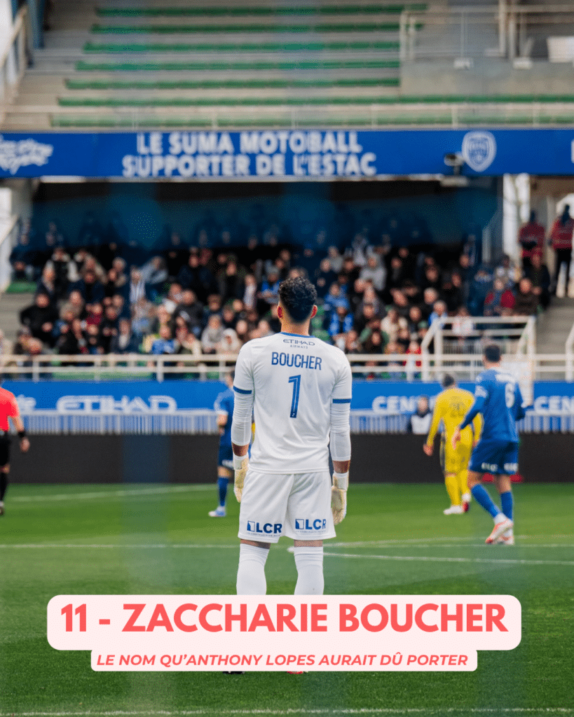 Back view of a soccer goalkeeper in a white kit with number 1, 'BOUCHER', standing on the field facing the crowd.