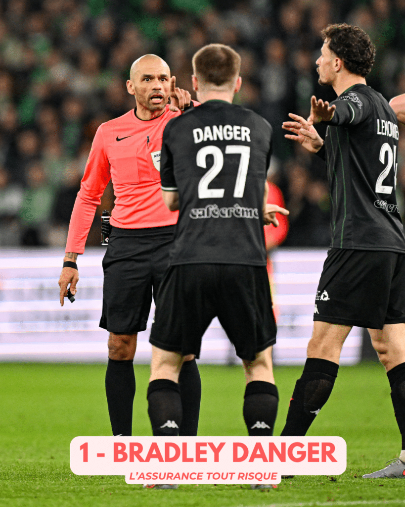 Soccer referee in a pink shirt arguing with two black-jersey players on a green field; back of one player shows 'DANGER 27' and a bottom banner reads '1- BRADLEY DANGER'.