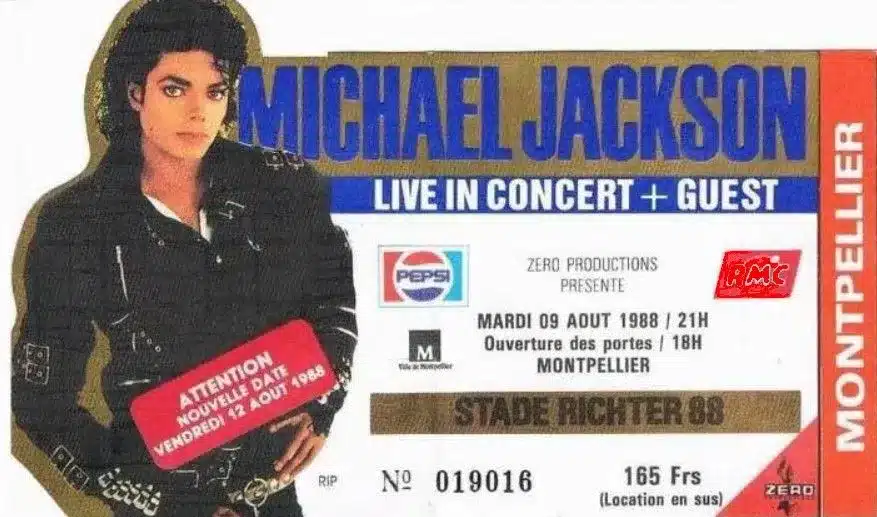 2048 | AllezPaillade.com Michael Jackson live-in-concert ticket for Montpellier, August 9, 1988 at Stade Richter 88 with guest details and date/time.