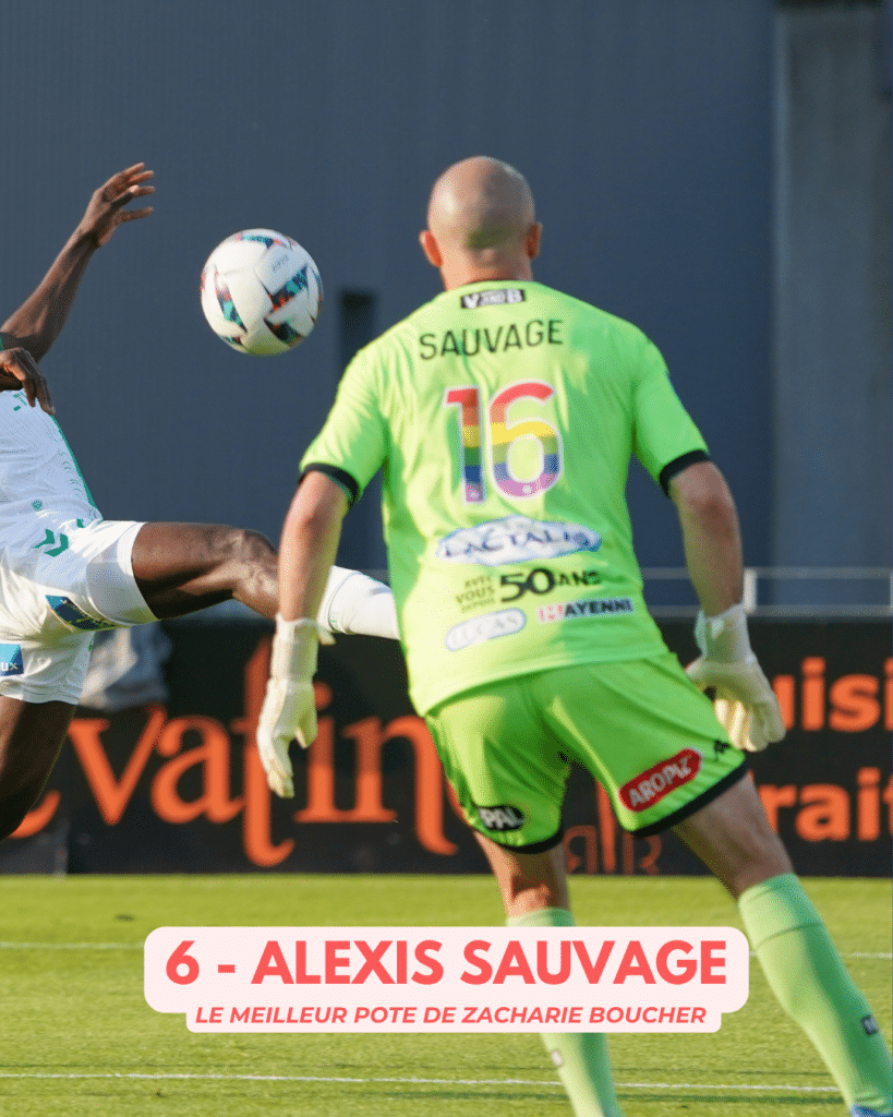 Soccer goalkeeper in neon green kit (number 16, Sauvage) facing a ball in midair during a match.