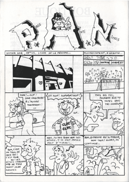 Black-and-white comic page with six panels showing characters talking about shoes in a town setting, storefronts in the middle-left panel and onomatopoeic actions in others (French text).