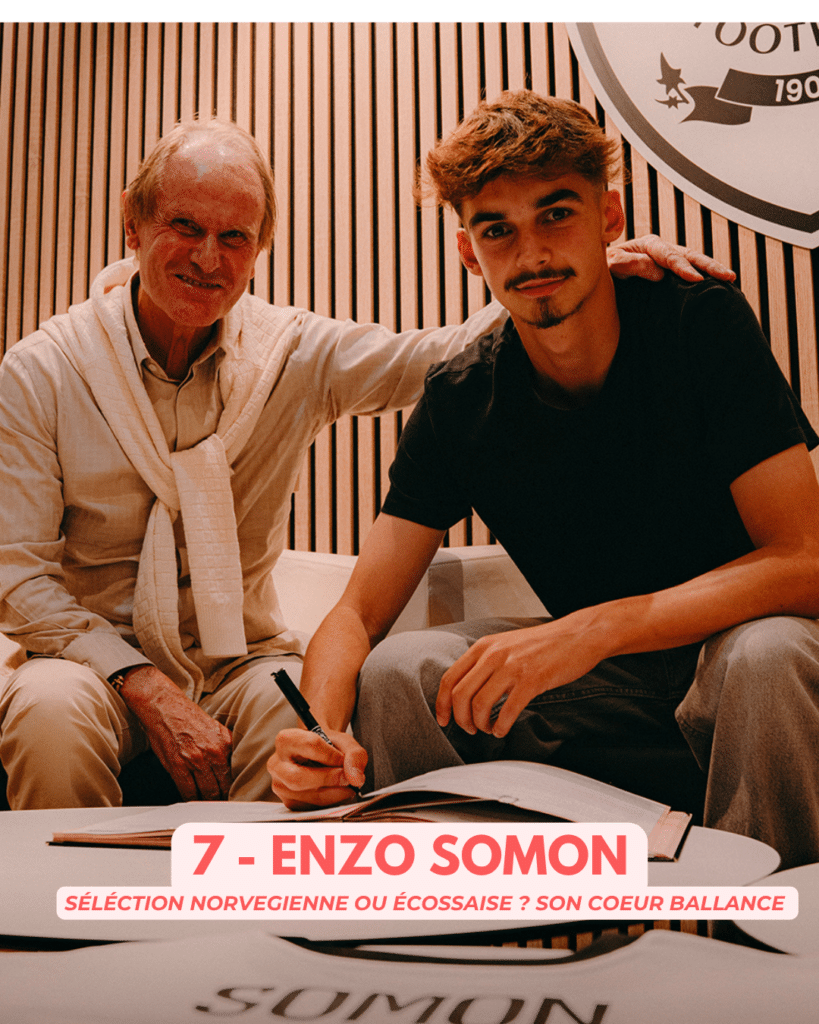 Two men sit at a table signing a book, older man with a sweater draped over shoulders and younger man in a black shirt, shoulder-to-shoulder pose next to a banner that reads '7 - ENZO SOMON'.