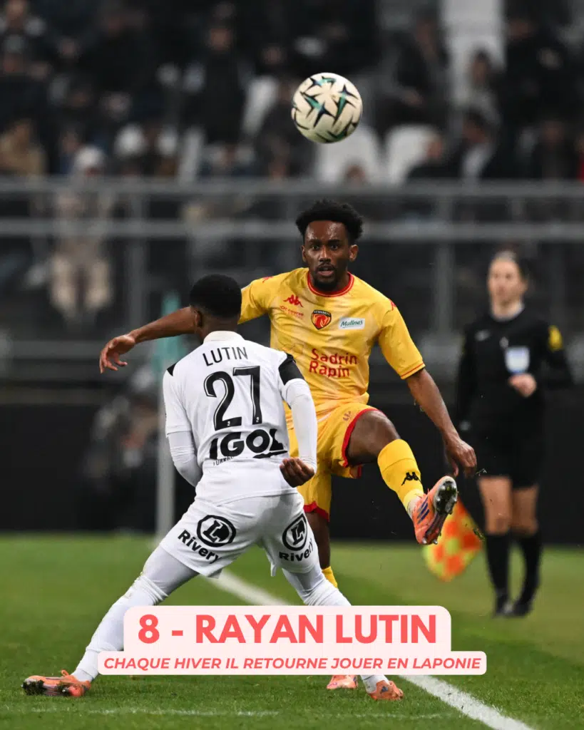 Soccer scene: a yellow-clad player jumps to intercept a ball against a white-jersey opponent, with a stadium crowd in the background. Overlay shows '8 - Rayan Lutin' and a French caption about returning to play in Lapland.