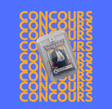 Blue promotional graphic with repeated orange 'CONCOURS' text and a diagonal plastic trading card featuring a man in a suit.