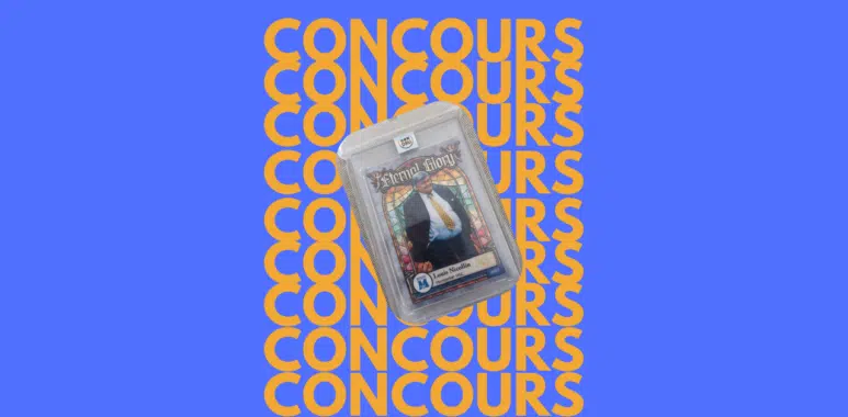 Blue promotional graphic with repeated orange 'CONCOURS' text and a diagonal plastic trading card featuring a man in a suit.