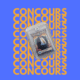 Blue promotional graphic with repeated orange 'CONCOURS' text and a diagonal plastic trading card featuring a man in a suit.