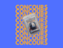 Blue promotional graphic with repeated orange 'CONCOURS' text and a diagonal plastic trading card featuring a man in a suit.