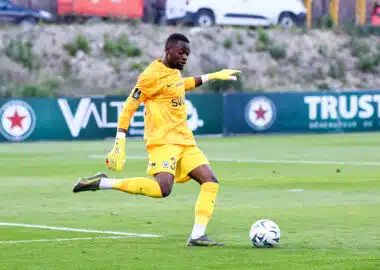 Soccer goalkeeper in a yellow kit and gloves kicking a ball on a grass field during a match.