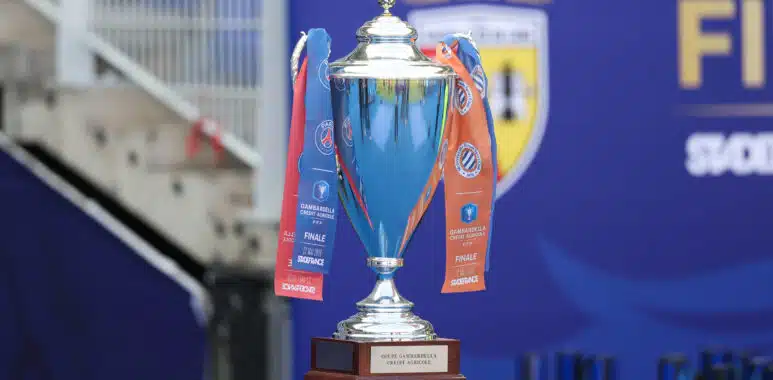 Shiny silver trophy with blue and orange ribbons on a wooden pedestal, set against a blue backdrop (awards scene).