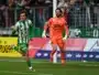 Soccer scene: a green-and-white striped player celebrates near the goal as an orange-clad goalkeeper watches the ball in the air by the net.