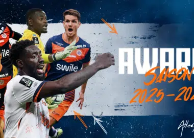 Hero banner for AllezPaillade with several players in orange/blue kits against a textured blue background; large white title text and orange 'SAISON 2023-2026' script, plus the site logo in the top-right.